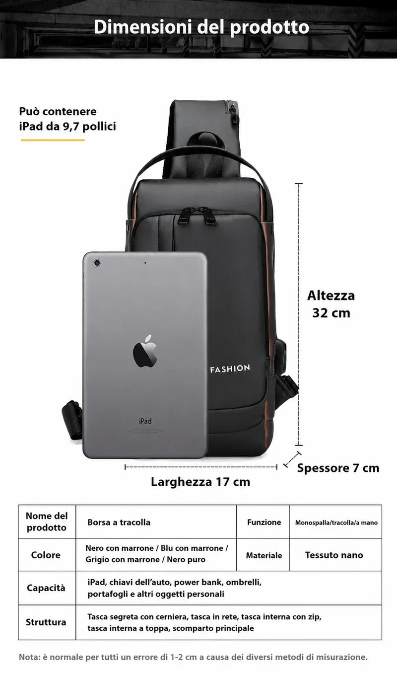 Borsa a Tracolla Antifurto Uomo con USB